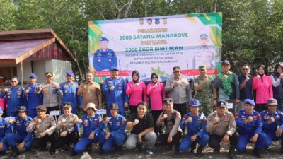 Sambut HUT Bhayangkara ke-80, Dirpolairud Polda Jambi dan Polres Tanjab Barat Tanam Mangrove serta Tebar Benih Ikan Nila